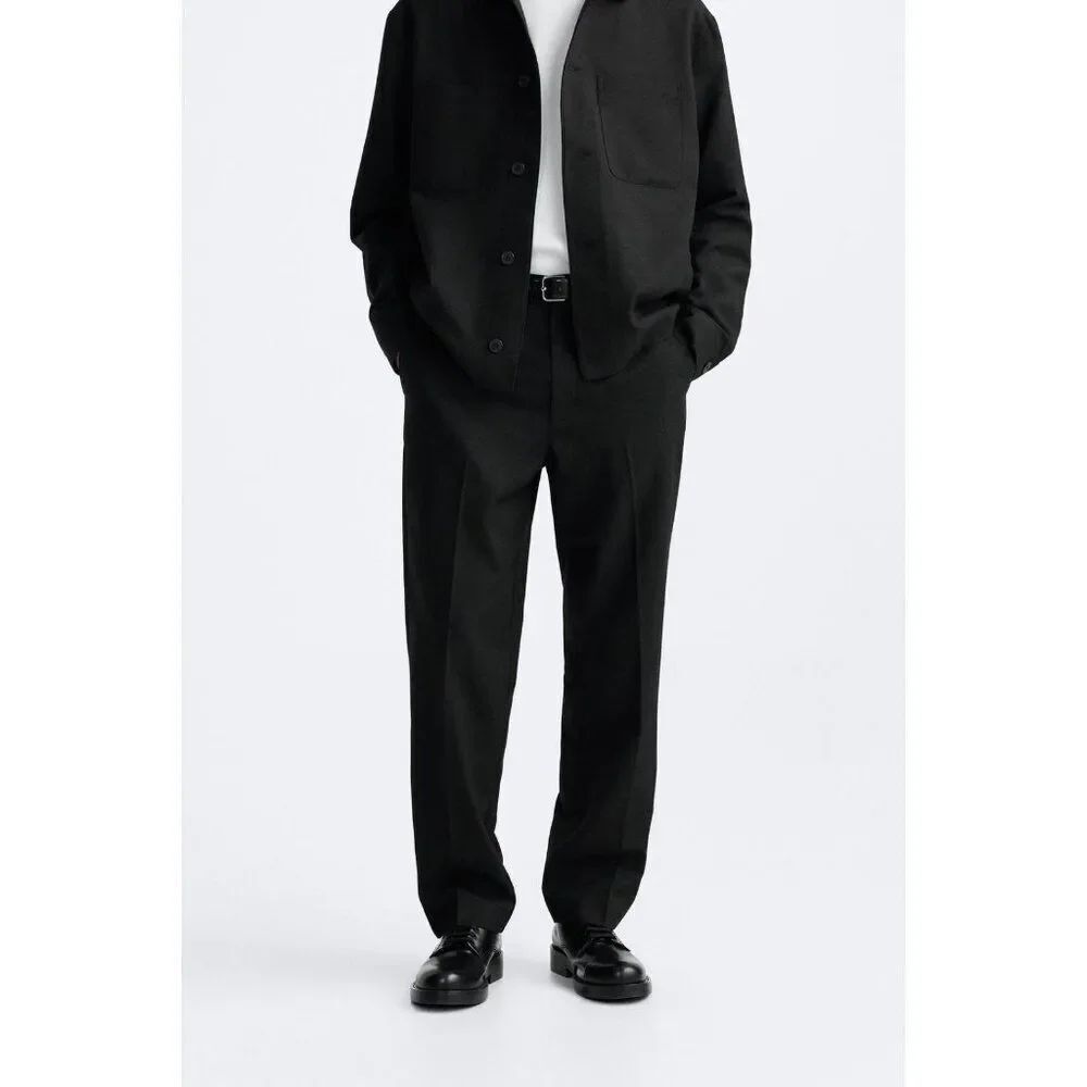 Zara Mens Textured Wool Trouser Pants Large L Black Elastic Waist 6861/431 NWT